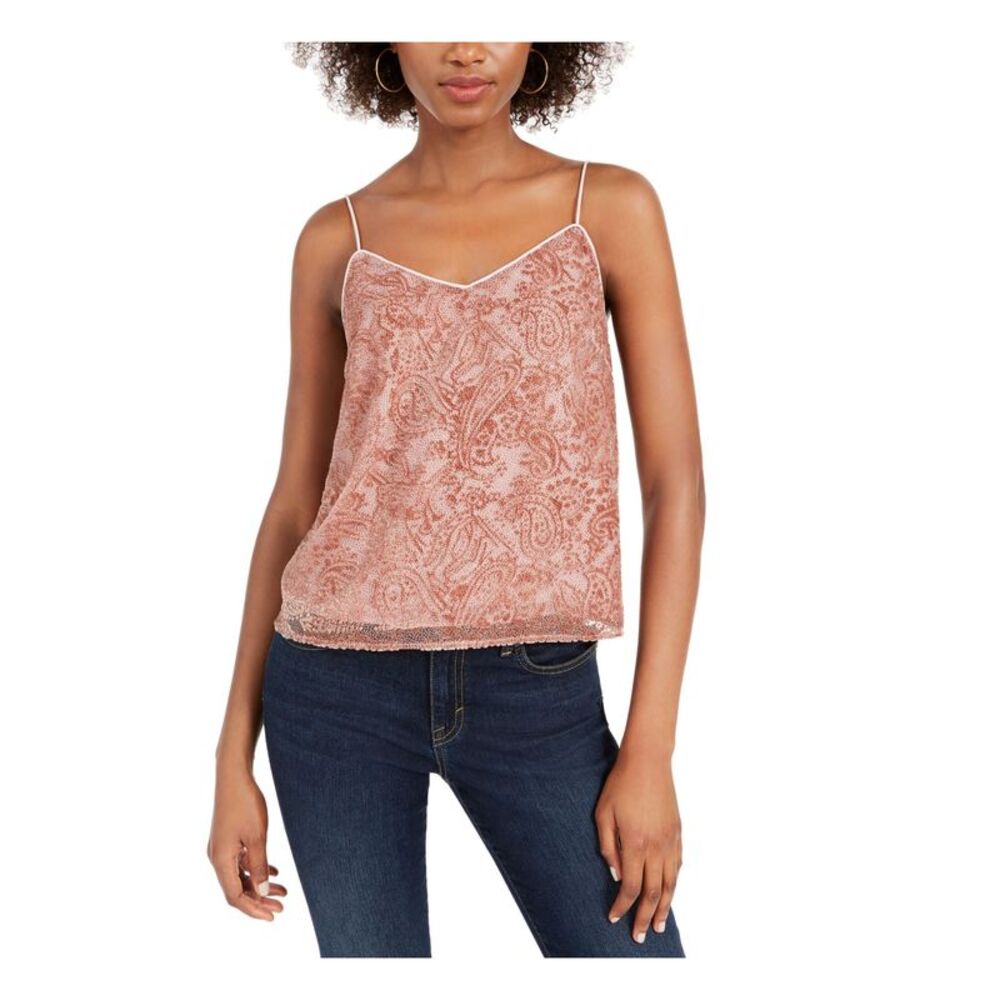 LEYDEN Womens Top Tank Pink Embroidered Spaghetti Strap V Neck Juniors S